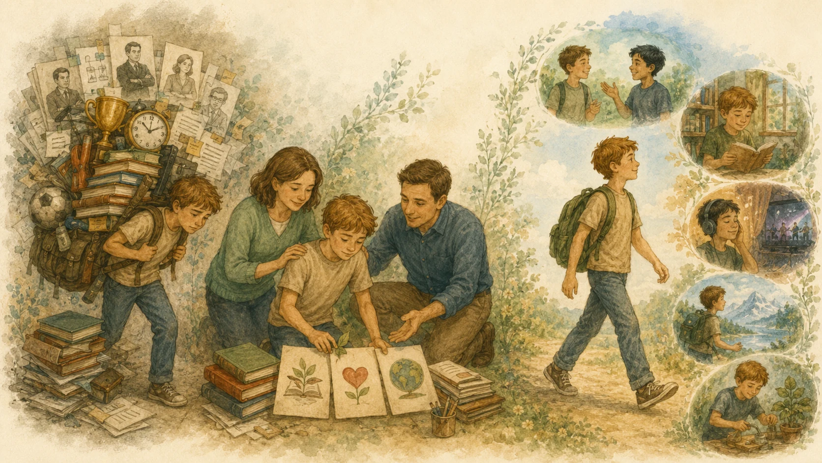 A child moves from an overloaded schedule toward family support, friendship, reading, music, nature, and play.