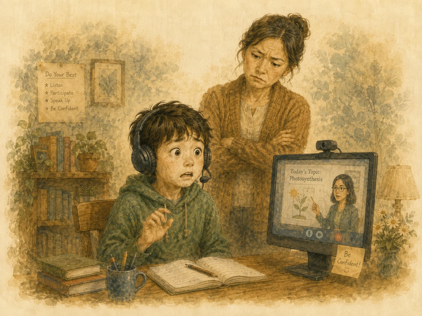 An overwhelmed student in an online lesson while an adult watches with concern.