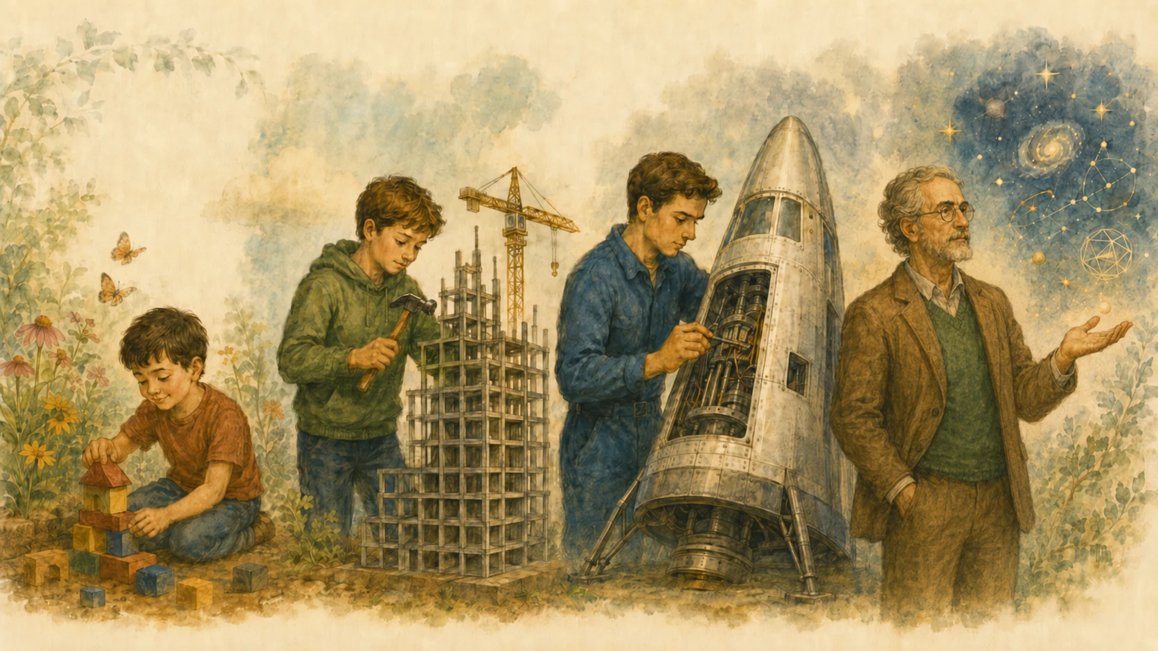 A learner progresses from building blocks to construction, engineering, and abstract ideas.