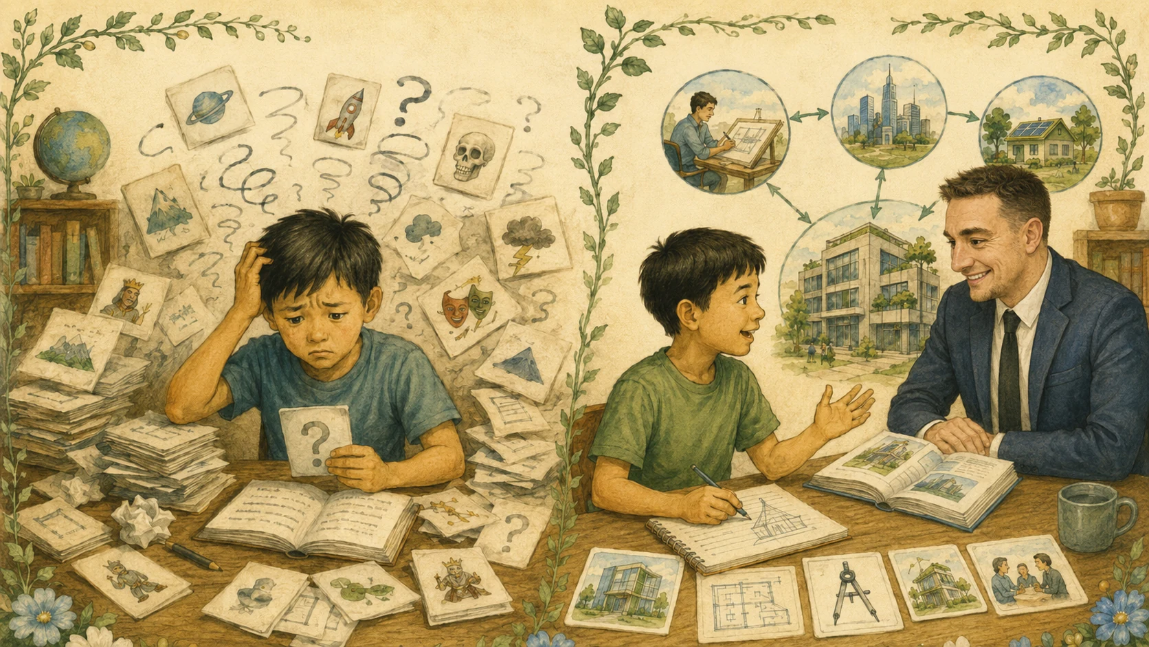 A student moves from disconnected picture cards toward organized vocabulary connections with a teacher.