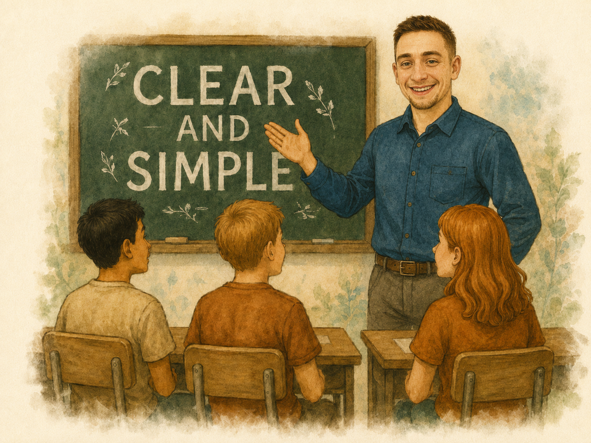 Mr. Bob teaching students in a warm classroom illustration with a chalkboard that says Clear and Simple