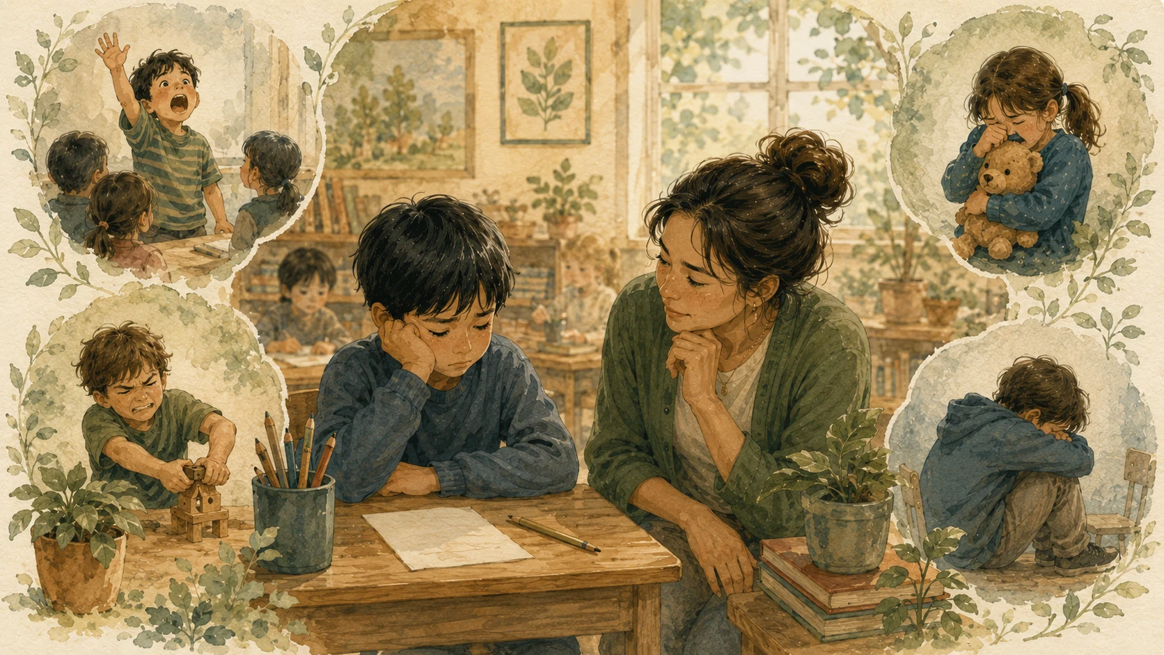 A teacher listens thoughtfully to a discouraged child while considering the needs behind difficult behavior.