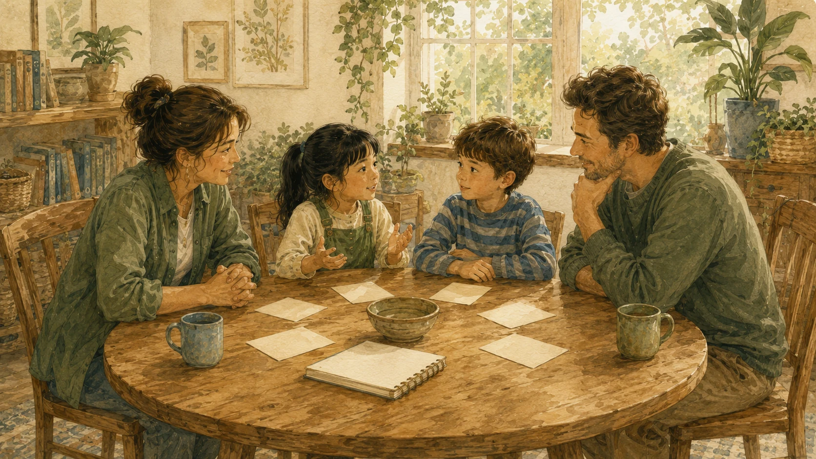 Parents and children share ideas during a calm family meeting around a table.