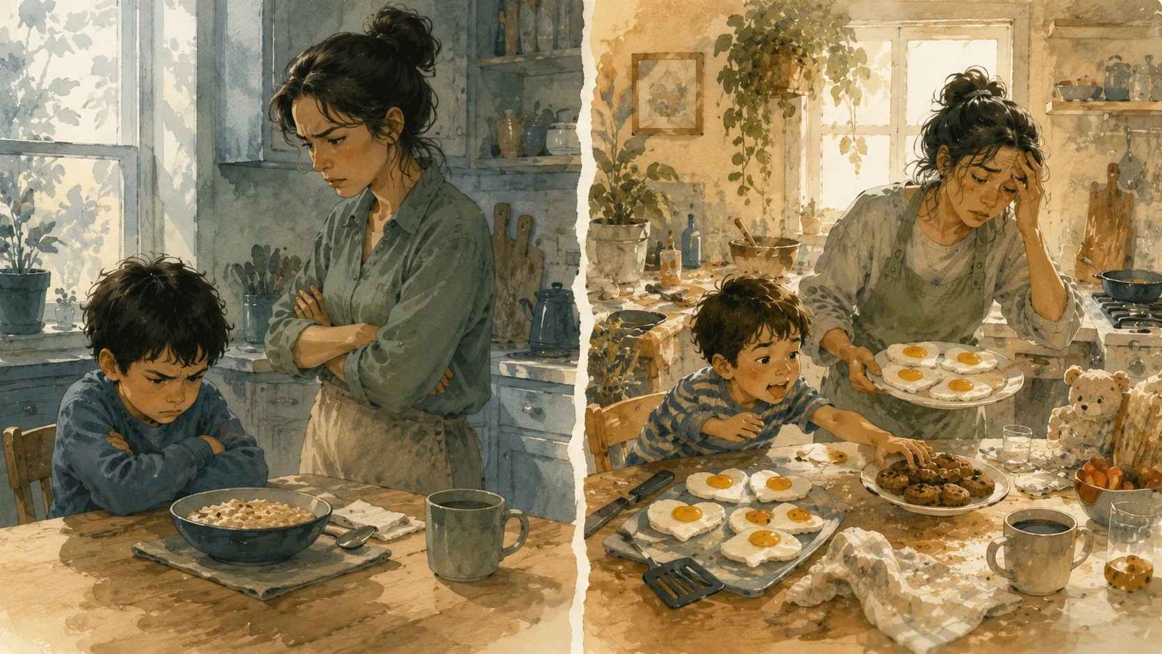 Two contrasting breakfast conflicts show strict and overly accommodating parenting approaches.