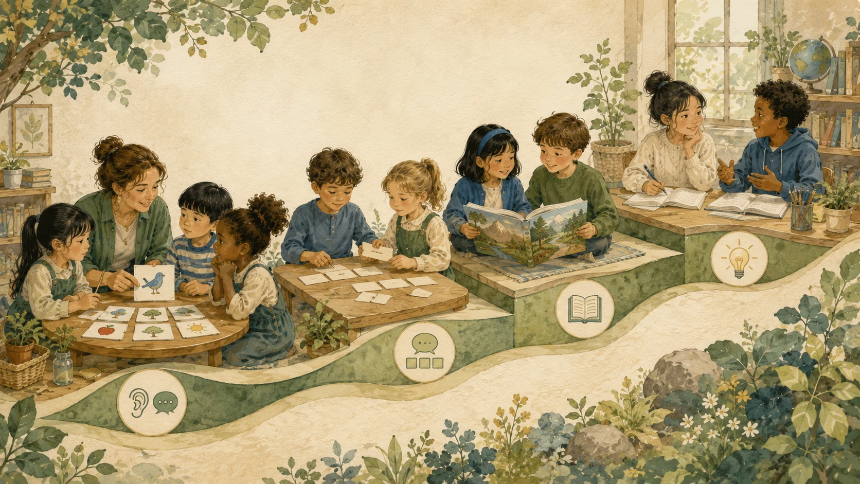 Students progress through connected English-learning stages with support from a teacher.