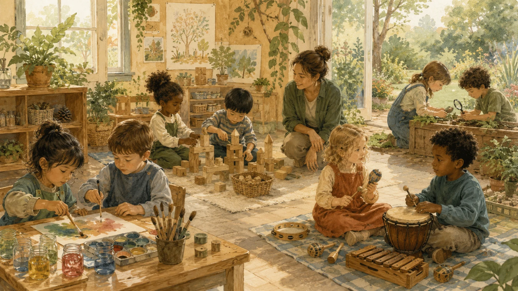 Children learn through blocks, art, music, and nature while a supportive teacher observes.
