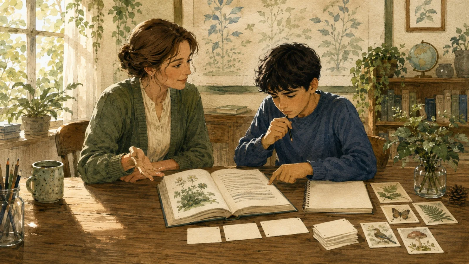 A student works through a difficult task while a teacher waits and offers restrained guidance.