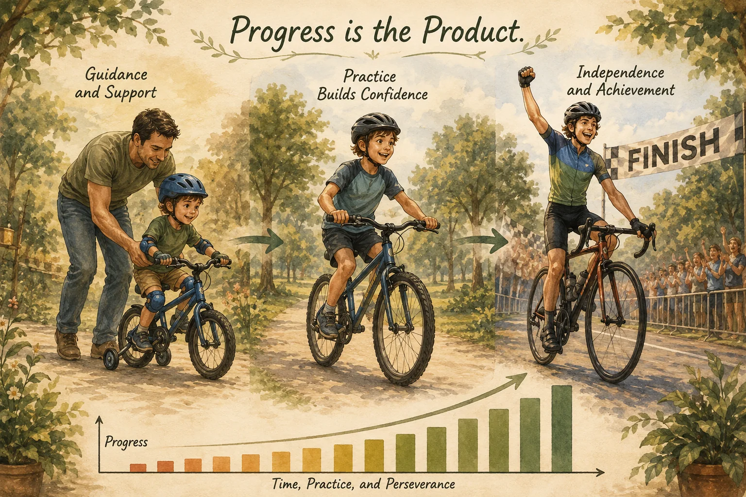 A child progresses from training wheels and adult support to independent riding and bicycle-race success.