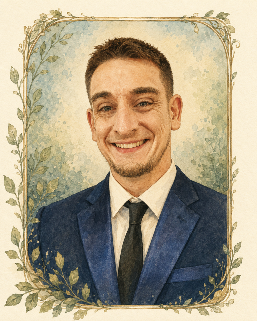 Illustrated portrait of Mr. Bob in a botanical frame