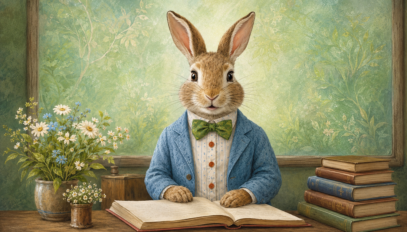 A storybook rabbit teacher reading with flowers and books in a classroom